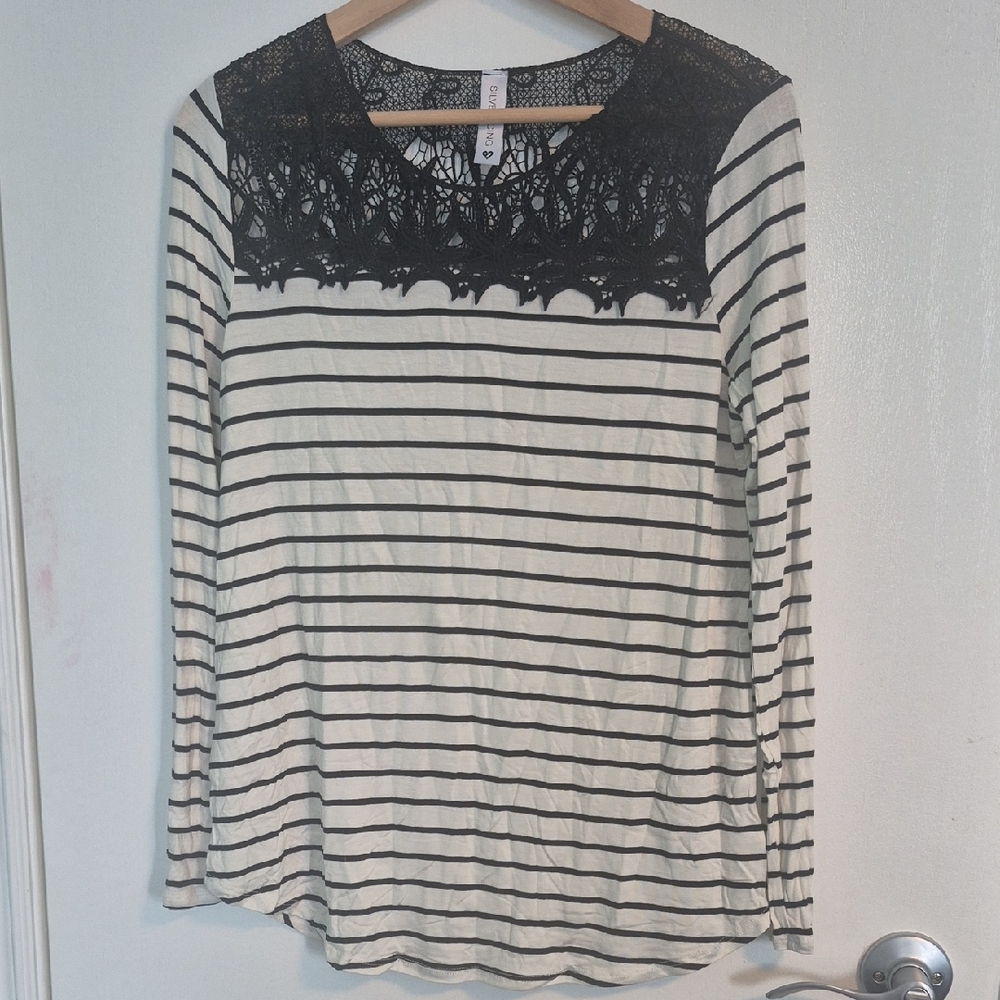 Chic Black and White Striped Lace Top